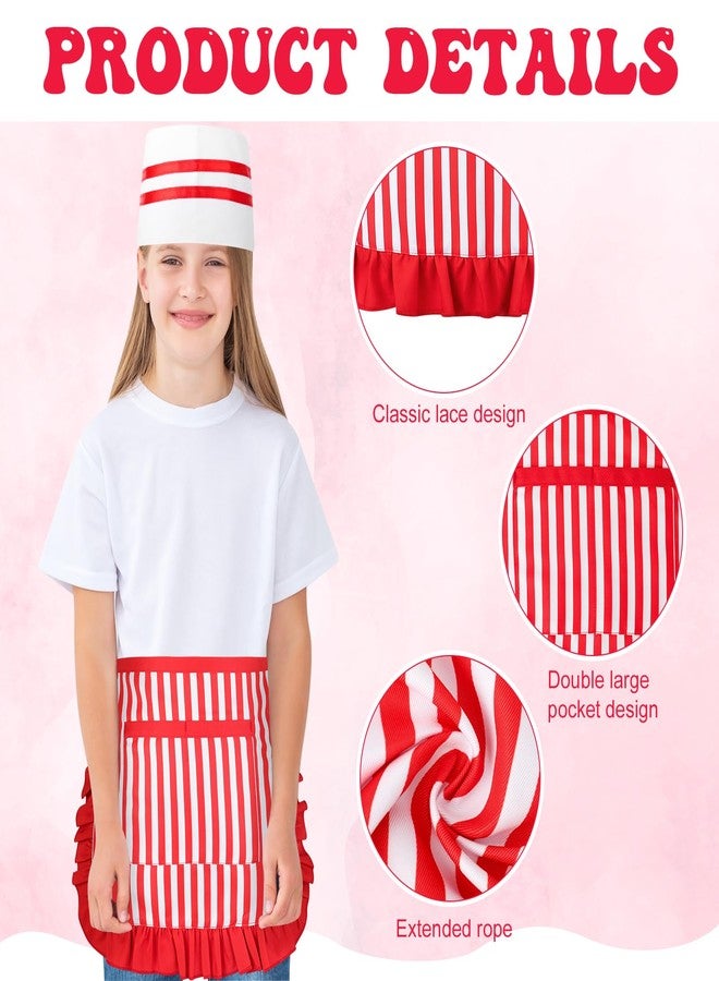 XLSXEXCL 3 Pcs 1950s Waiter Costume Kit, Soda Jerk Costume, Red and White Striped Half Apron with 2 Pockets, Soda Jerk Chef Hat, Red Bow Ties, Adjustable Striped Apron for Kid Boy Girl Cosplay Party - Image 3
