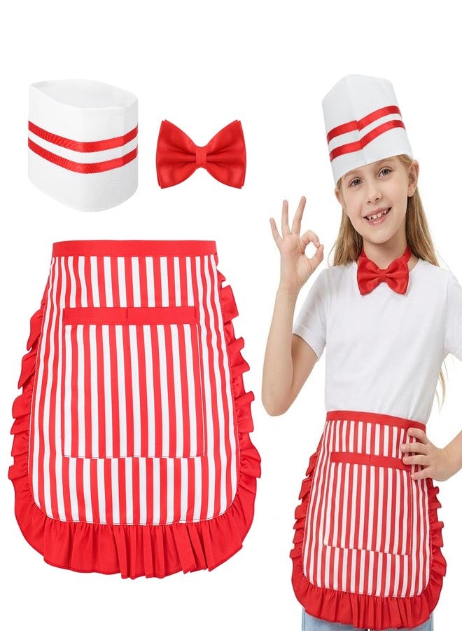 XLSXEXCL 3 Pcs 1950s Waiter Costume Kit, Soda Jerk Costume, Red and White Striped Half Apron with 2 Pockets, Soda Jerk Chef Hat, Red Bow Ties, Adjustable Striped Apron for Kid Boy Girl Cosplay Party - Image 1