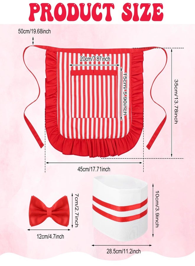 XLSXEXCL 3 Pcs 1950s Waiter Costume Kit, Soda Jerk Costume, Red and White Striped Half Apron with 2 Pockets, Soda Jerk Chef Hat, Red Bow Ties, Adjustable Striped Apron for Kid Boy Girl Cosplay Party - Image 2