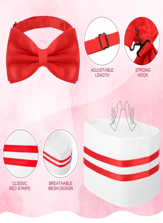 XLSXEXCL 3 Pcs 1950s Waiter Costume Kit, Soda Jerk Costume, Red and White Striped Half Apron with 2 Pockets, Soda Jerk Chef Hat, Red Bow Ties, Adjustable Striped Apron for Kid Boy Girl Cosplay Party - Image 4