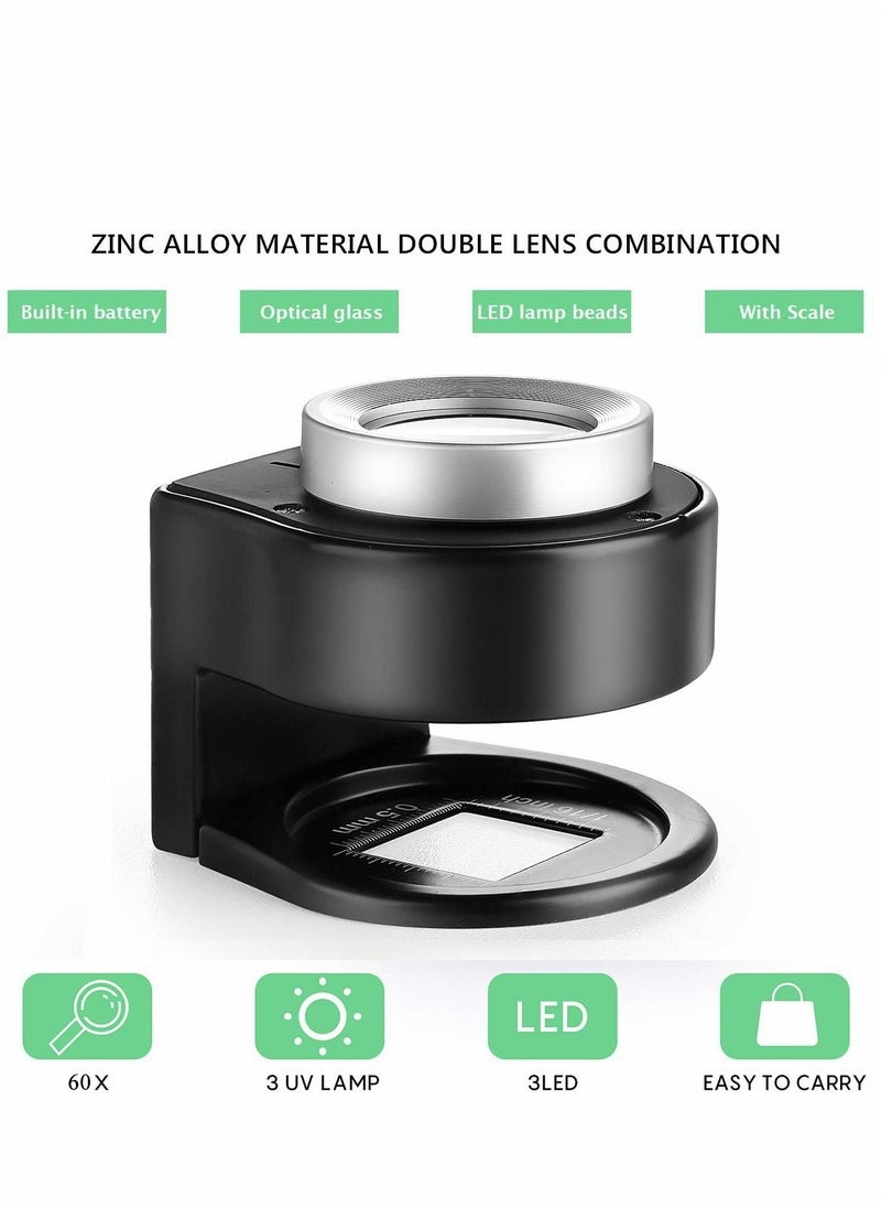 SYOSI - 60x Coin Magnifier, Rechargeable Portable USB 6 Lights Metal UV Magnifying with Ptical Glass Lens Scale for Jewelry, Textile, Gems, Stamps, Coins and Plants - Image 1