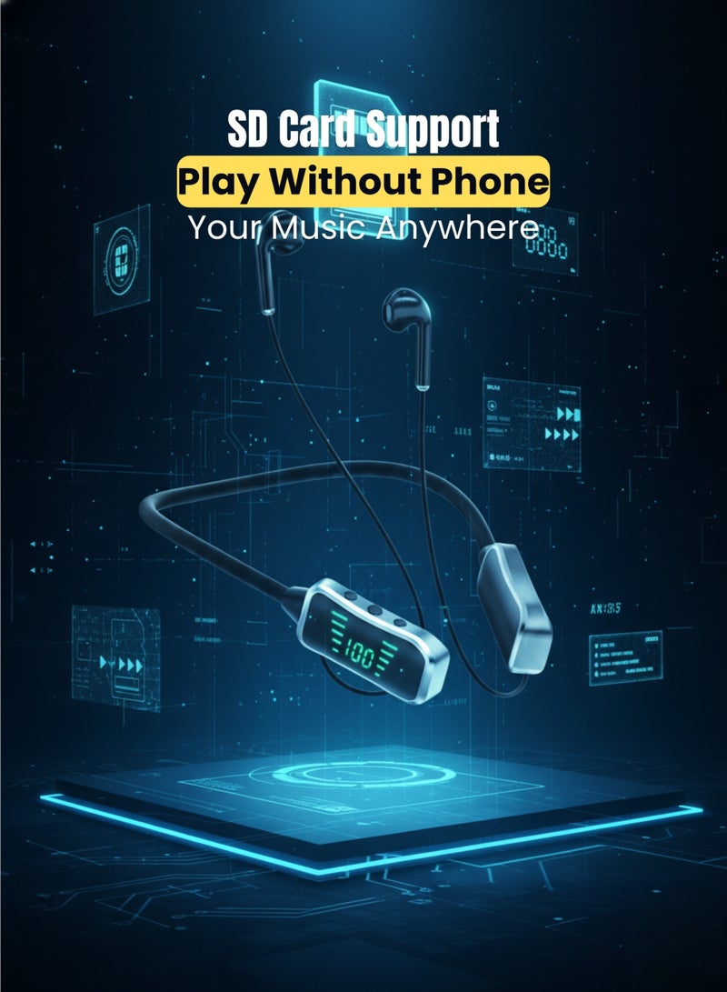 KL50 Neckband Wireless Earphones 48H Playtime LED Display Bluetooth 5.0 SD Card Support Black - Image 3