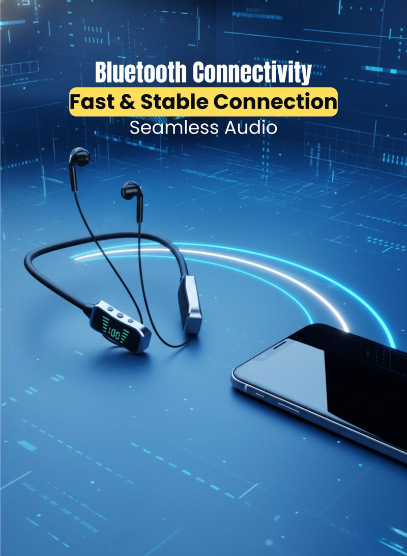 KL50 Neckband Wireless Earphones 48H Playtime LED Display Bluetooth 5.0 SD Card Support Black - Image 5