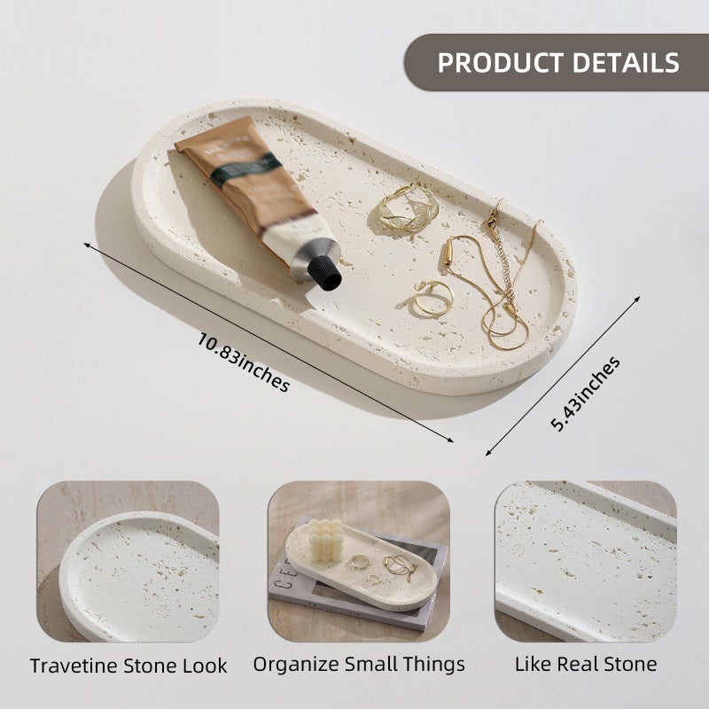 Haocoott Jewelry Tray Bathtub, Resin Stone Look Decorative Perfume Tray, Bathroom Marble Vanity Organizer Plate Holder for Ring Soap Towel Small Things on Kitchen Sink Countertop (Off White, Large) - Image 2