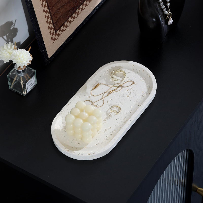 Haocoott Jewelry Tray Bathtub, Resin Stone Look Decorative Perfume Tray, Bathroom Marble Vanity Organizer Plate Holder for Ring Soap Towel Small Things on Kitchen Sink Countertop (Off White, Large) - Image 4