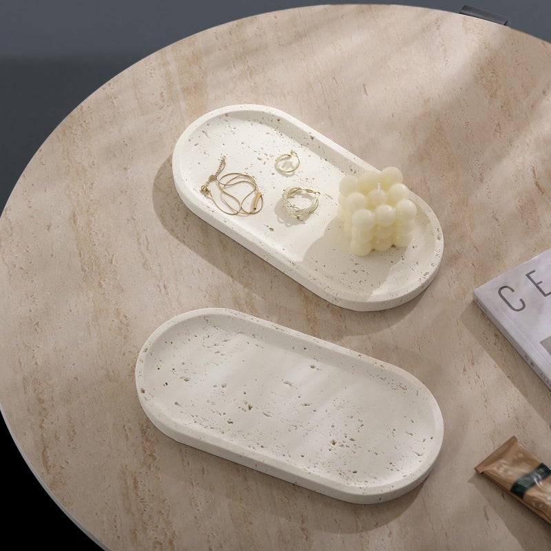 Haocoott Jewelry Tray Bathtub, Resin Stone Look Decorative Perfume Tray, Bathroom Marble Vanity Organizer Plate Holder for Ring Soap Towel Small Things on Kitchen Sink Countertop (Off White, Large) - Image 5