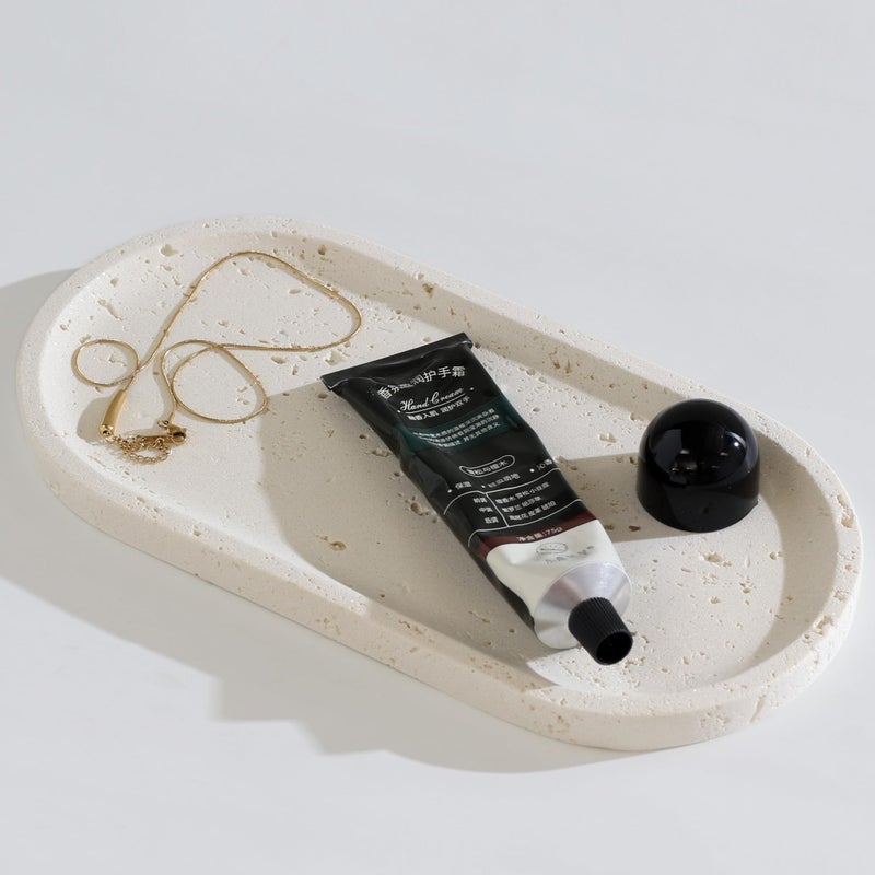 Haocoott Jewelry Tray Bathtub, Resin Stone Look Decorative Perfume Tray, Bathroom Marble Vanity Organizer Plate Holder for Ring Soap Towel Small Things on Kitchen Sink Countertop (Off White, Large) - Image 1
