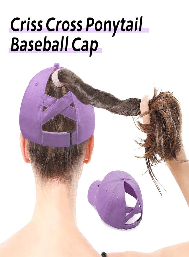 LUCKYBUNNY Girls Ponytail Hat Criss Cross Baseball Cap Cute Cat Embroidered Trucker Hat for Women Light Purple - Image 2