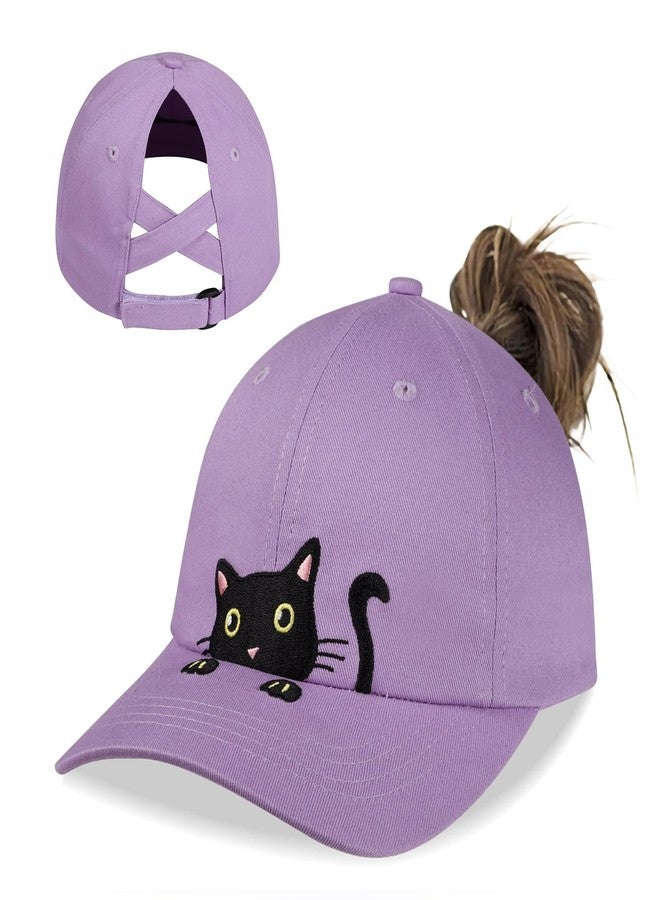 LUCKYBUNNY Girls Ponytail Hat Criss Cross Baseball Cap Cute Cat Embroidered Trucker Hat for Women Light Purple - Image 1