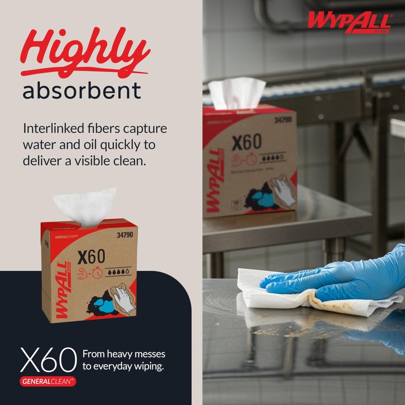 WypAll GeneralClean X60 Cloths Multi-Task Cleaning Wipes (34790), Pop-Up Box, Strong and Absorbent Towels, White (10 Boxes of 118 Sheets, 1,180 Sheet Total) - Image 4
