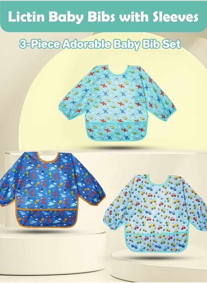 Lictin 3DPack Baby Bibs for Boy or Girl, Cute Long Sleeve Bib, Waterproof Bibs for Toddlers,Adjustable Closure Baby Smock, Mess Proof Baby Bib, 6-24 Months Reusable Infant Baby Bibs  - Image 2