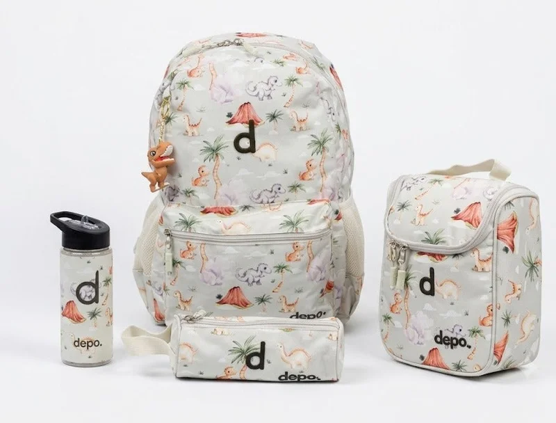 Depo DEPO Premium 4-Piece Dinosaur School Backpack Set – 44cm Water-Resistant Backpack, Insulated Lunch Bag, Pencil Case & 500ml BPA-Free Water Bottle | Kids School Essentials