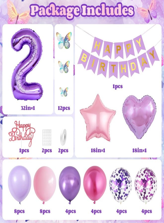 Vibzox 2nd Birthday Decoration for Girls,Pink Purple 2nd Birthday Balloon Number 2 Balloon with Butterfly Stickers Star Heart Foil Balloons Banner for 2 Year Old Party Decor - Image 2