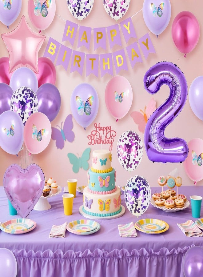 Vibzox 2nd Birthday Decoration for Girls,Pink Purple 2nd Birthday Balloon Number 2 Balloon with Butterfly Stickers Star Heart Foil Balloons Banner for 2 Year Old Party Decor - Image 3