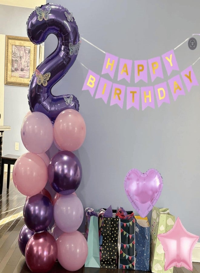 Vibzox 2nd Birthday Decoration for Girls,Pink Purple 2nd Birthday Balloon Number 2 Balloon with Butterfly Stickers Star Heart Foil Balloons Banner for 2 Year Old Party Decor - Image 4