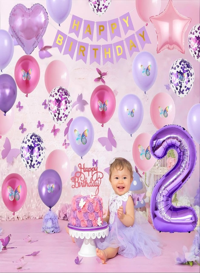 Vibzox 2nd Birthday Decoration for Girls,Pink Purple 2nd Birthday Balloon Number 2 Balloon with Butterfly Stickers Star Heart Foil Balloons Banner for 2 Year Old Party Decor - Image 5