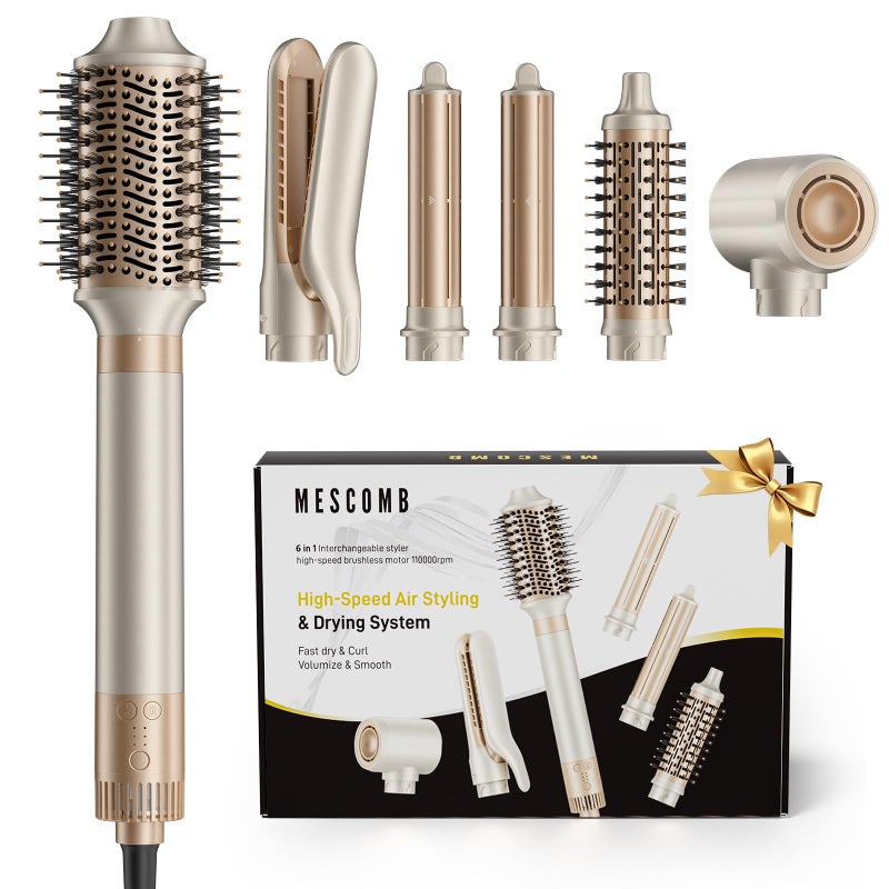 MESCOMB 6-in-1 Hot Air Styler â€“ Hair Dryer with Straightener, Auto Curler & Volumizing Brush for Straightening, Curling, Smoothing & Volume, Damage-Free (Champagne Coffee) - Image 1