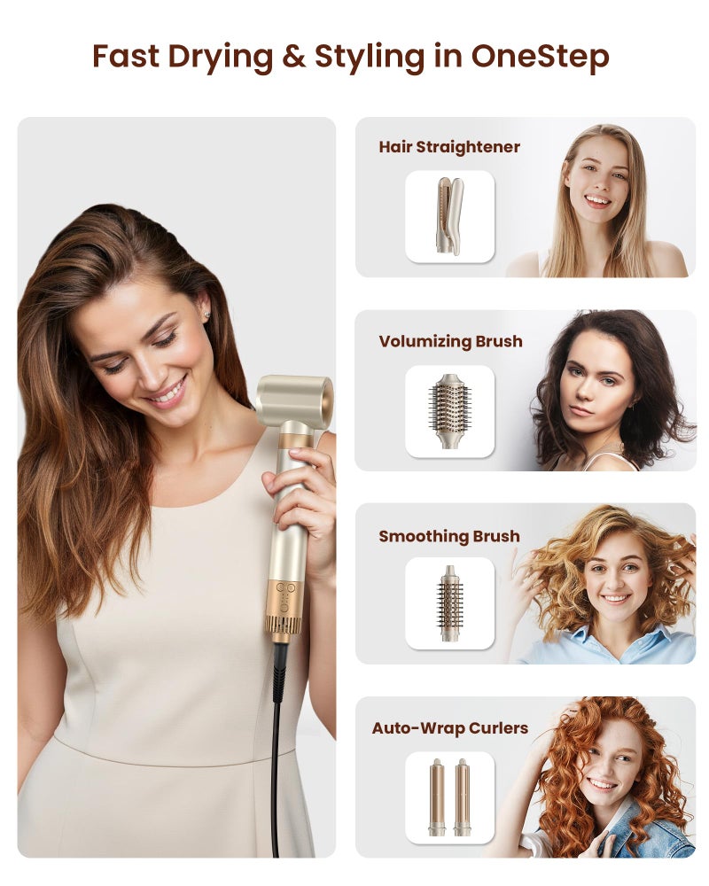 MESCOMB 6-in-1 Hot Air Styler â€“ Hair Dryer with Straightener, Auto Curler & Volumizing Brush for Straightening, Curling, Smoothing & Volume, Damage-Free (Champagne Coffee) - Image 2