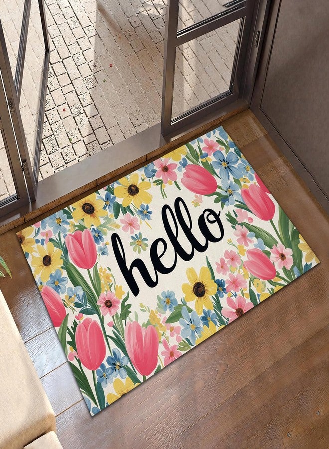 CXULIN Indoor Rugs for Entryway,Pink Tulip Welcome Mat for Home,Spring Floral Hello Low Profile Entrance Rugs Non-Slip Doormats for Back Door Patio, Porch,Home Stairway,30 x 17 Inch - Image 1