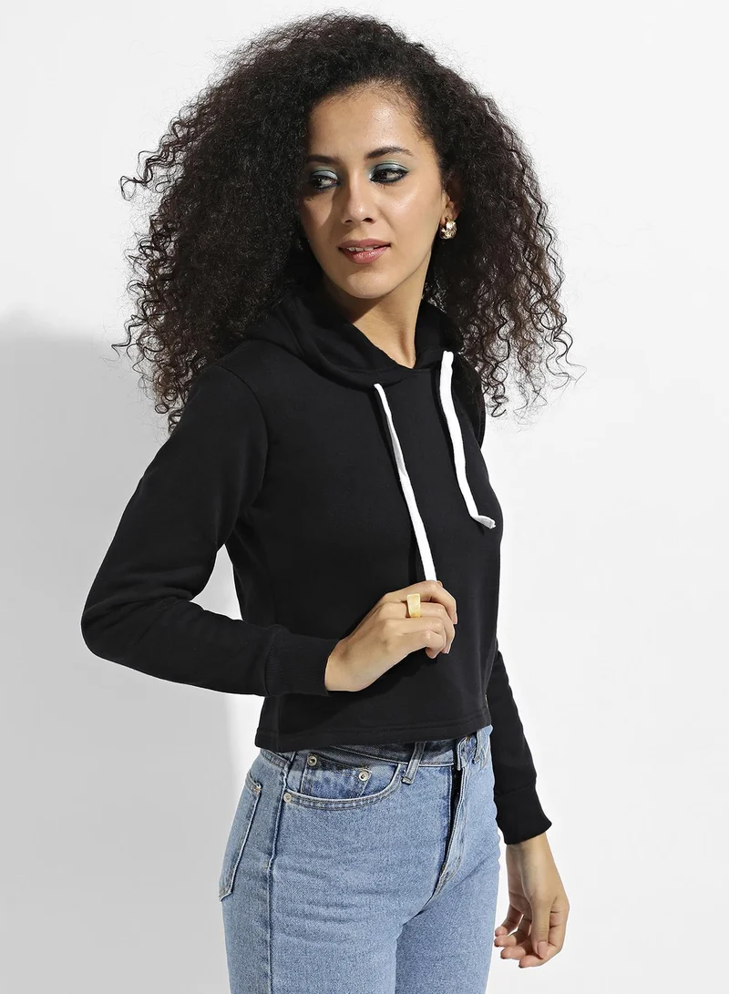 Pinacolada  Women's Black Zip-Front Cropped Hoodie With Contrast Drawstring for Women | Best Price UAE