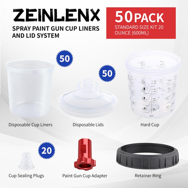 Zeinlenx Disposable Paint Gun Cup, HVLP Paint Sprayer Gun Mixing Cups 20 Ounce(600ML) Kit with 50 Cups and Lids System, 10 Plugs and 1 Hard Cup with Retainer Ring, 1 Cup Adapter - Image 4