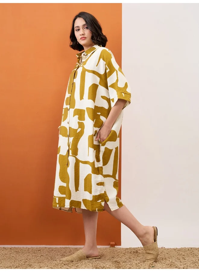 globus Globus Women Brown Abstract Print Collared Neck Batwing Sleeves Straight Hem Oversized Fusion Midi Shirt Dress