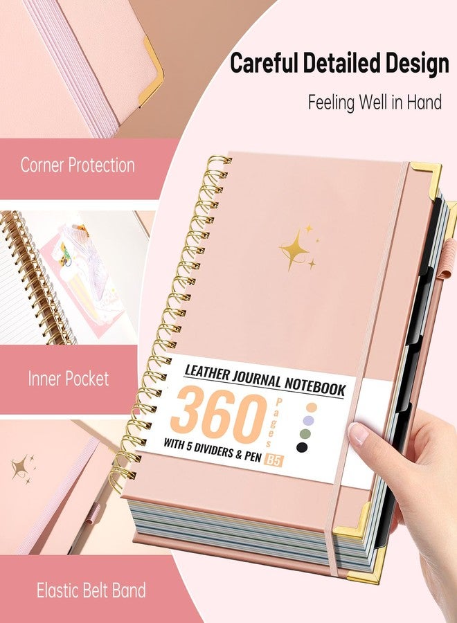 Flying Eagle Spiral Notebook Journal 360 Pages Hardcover Leather Lined Journals for Women Men with Pen Large College Ruled Notebooks Spiral Journal for Writing Work School B5, Pink - Image 2
