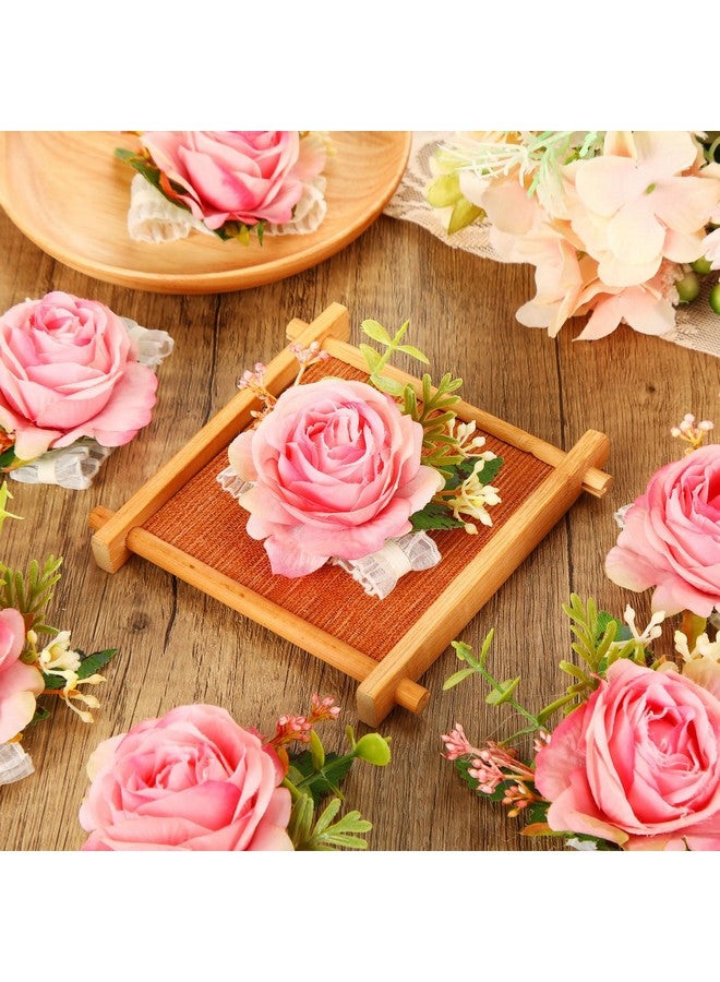 Sherr Sherr 24 Pcs Wedding Rose Wrist Corsage Wristlet Band for Bridal Bridesmaid Women Flowers Bracelets Decor Wedding Artificial Flowers for Party Prom Homecoming(Peach Pink)  - Image 4