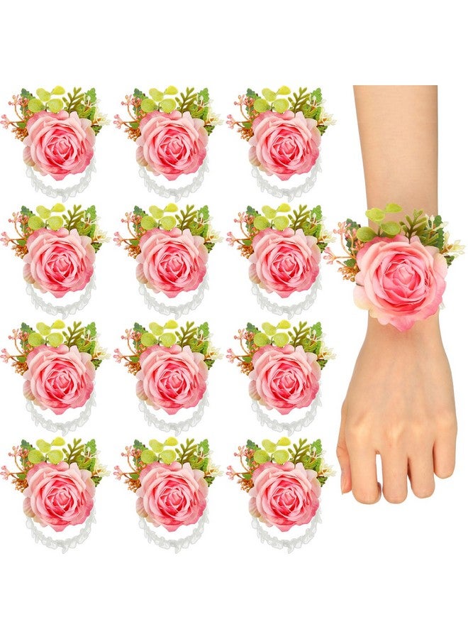 Sherr Sherr 24 Pcs Wedding Rose Wrist Corsage Wristlet Band for Bridal Bridesmaid Women Flowers Bracelets Decor Wedding Artificial Flowers for Party Prom Homecoming(Peach Pink)  - Image 1