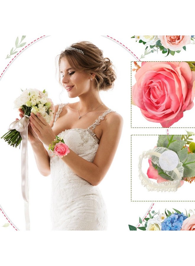Sherr Sherr 24 Pcs Wedding Rose Wrist Corsage Wristlet Band for Bridal Bridesmaid Women Flowers Bracelets Decor Wedding Artificial Flowers for Party Prom Homecoming(Peach Pink)  - Image 2