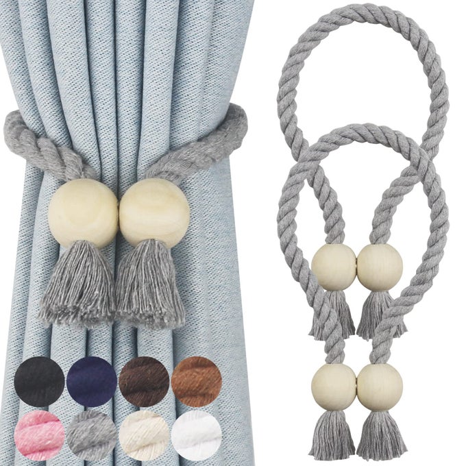 2 PACK MAGNETIC CURTAIN TIEBACKS COTTON HAND WOVEN TIE BACK DECORATIVE ROPE HOLDBACKS FOR CURTAINS DRAPERIES NO TOOLS REQUIRED GREY