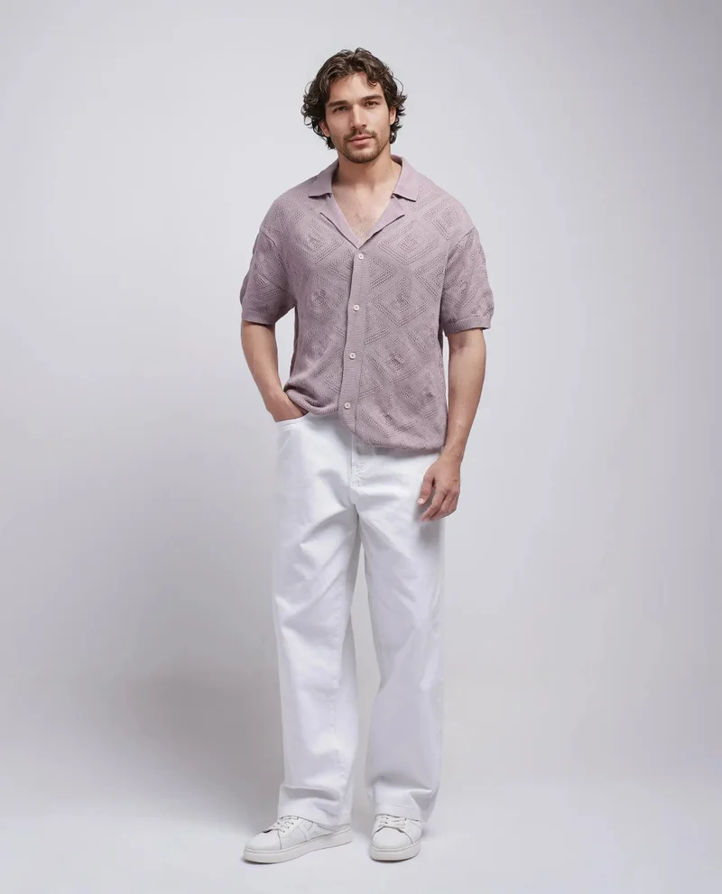 Rare Rabbit Rare Rabbit Men Wats Dusky Pink Cotton Fabric Short Sleeve Cuban Collared Button Closure Knitted Plain Shirt