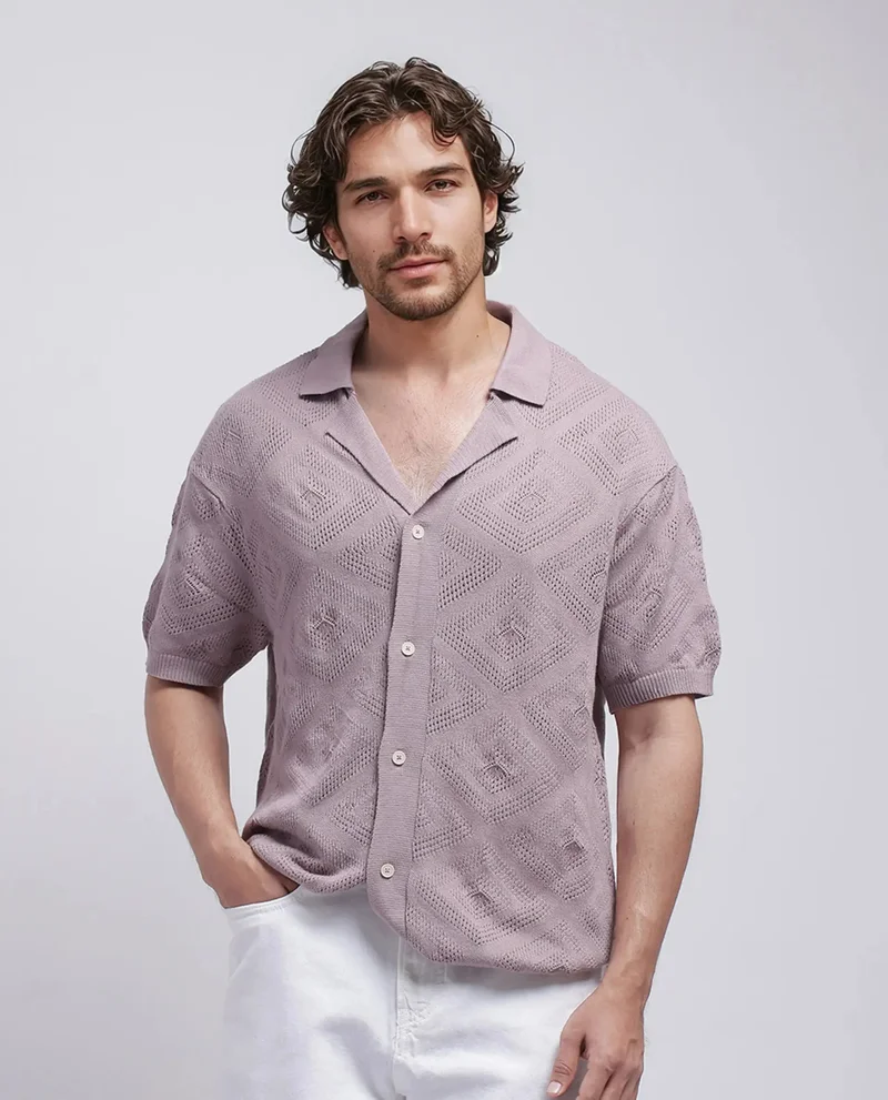 Rare Rabbit Rare Rabbit Men Wats Dusky Pink Cotton Fabric Short Sleeve Cuban Collared Button Closure Knitted Plain Shirt