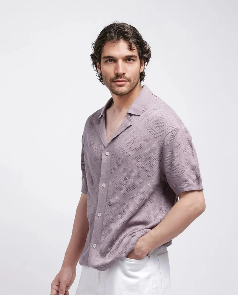 Rare Rabbit Men's Knitted Boxy Fit Cuban Collar Shirt