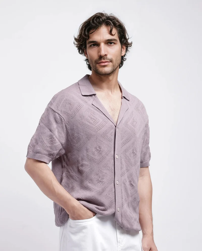 Rare Rabbit Men's Knitted Boxy Fit Cuban Collar Shirt