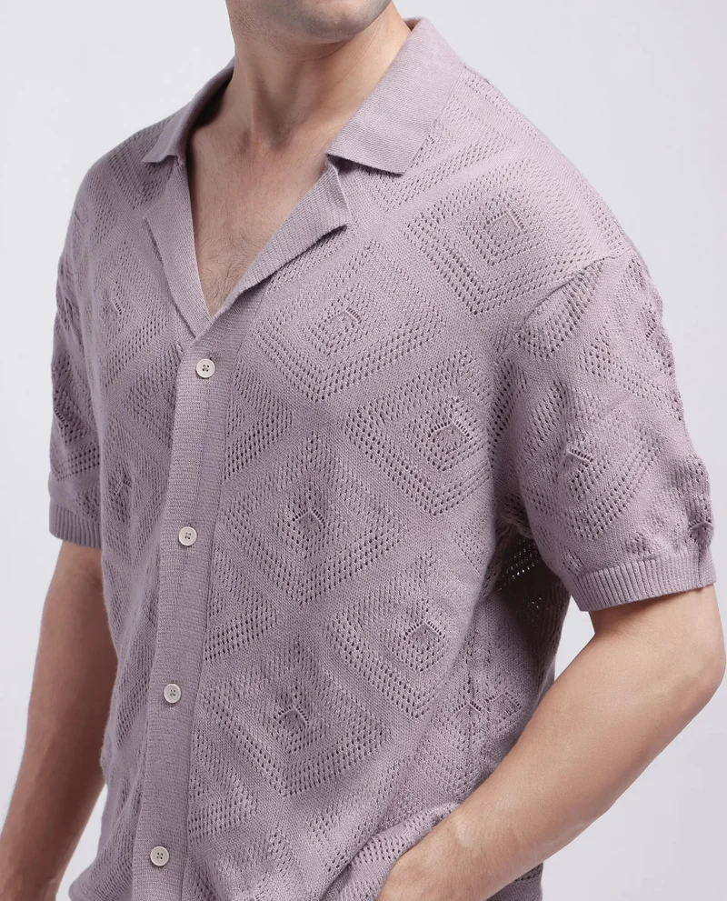 Rare Rabbit Men's Knitted Boxy Fit Cuban Collar Shirt
