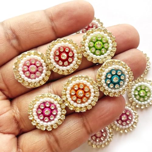 ADIKALA 2cm Round Rhinestone Applique Work Patch for Laddu Gopal Dress Making, Saree, Lehenga, Clothes, Blouse, Dress, Jackets, DIY Art Craft Work (Multi Color, 25PC) - Image 1