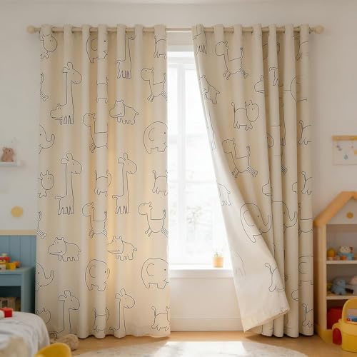 AiFMQQ Cartoon Animals Pattern Blackout Curtains for Kids Bedroom Living Room Grommet Top Beige Kids Bedroom Curtain for Boys Girls Bay Window Nursery Room Window Treatments 1 Panel (W52 L84 inch,Beige) - Image 3