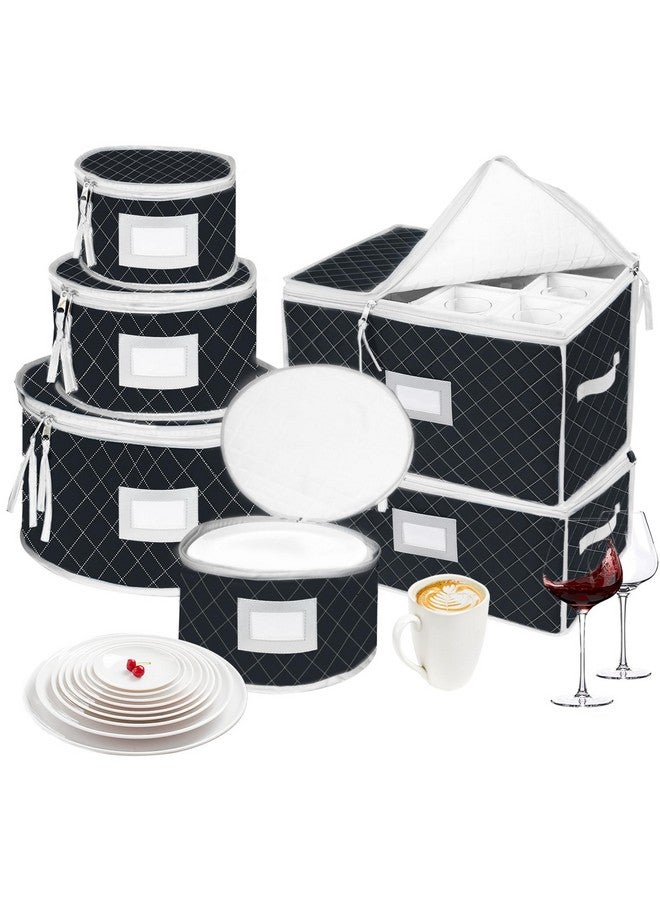 VERONLY VERONLY China Dinnerware Storage Containers Set- Dish,Mug,Stemware Storage Cases - Quilted Box Bins Stackable with Divider,handles,Clear Window for Cups,Plates,Wine Glasses Moving Set of 6 (Black)  - Image 1