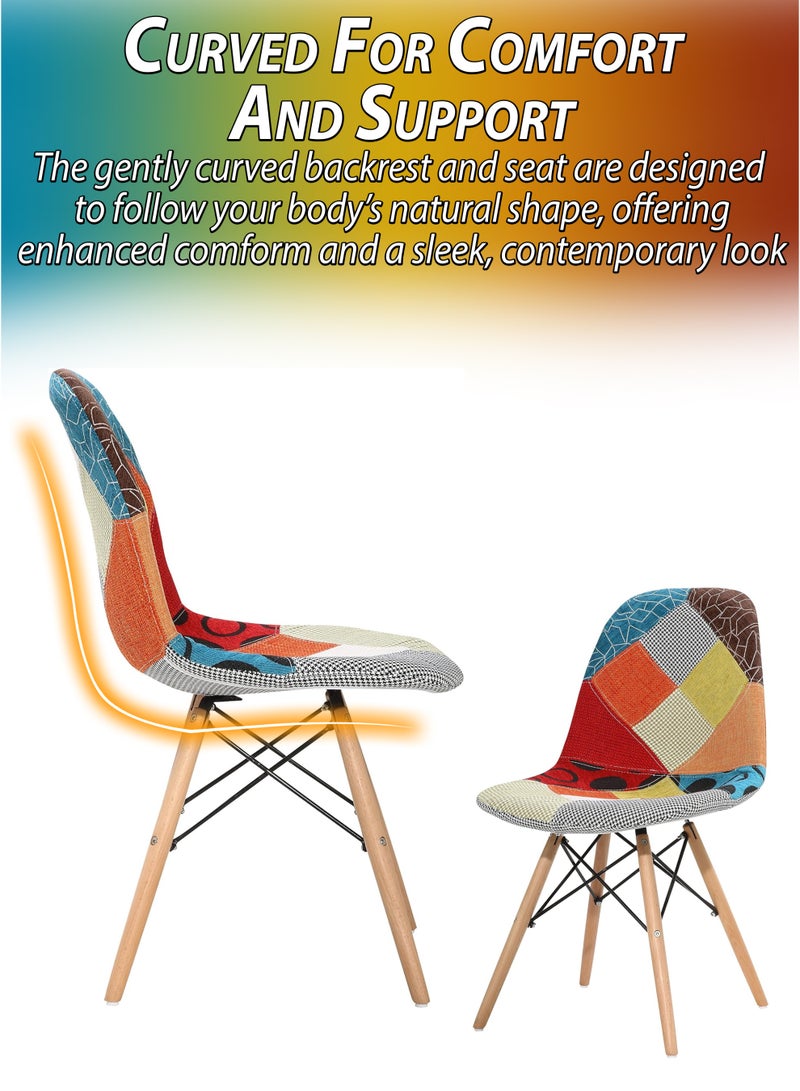 دي بلو طقم مكوّن من 2 كراسي بتصميم باتشوورك منجّد، مصنوعة من قماش الكتان المتعدد الألوان، بأرجل خشبية ودعامات معدنية لتوفير الثبات والمتانة، بتصميم عصري مستوحى من منتصف القرن يناسب مختلف المساحات مثل المنزل، المطبخ، غرفة المعيشة، المدخل، غرفة الدراسة، الصالة، المقهى، الفندق، المطعم، الشرفة، والمكتب. تتميز الكراسي بقشرة مريحة من مادة البولي بروبيلين وقدرة تحمل وزن تصل إلى 120 كجم - Image 4