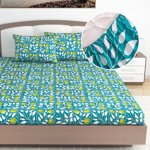 Divine Casa 144 TC Floral Blue 100% Elastic Fitted Printed King Size Double Bed Bedsheet with 2 Pillow Cover for Bedroom - 78 x 72 inches - Image 1