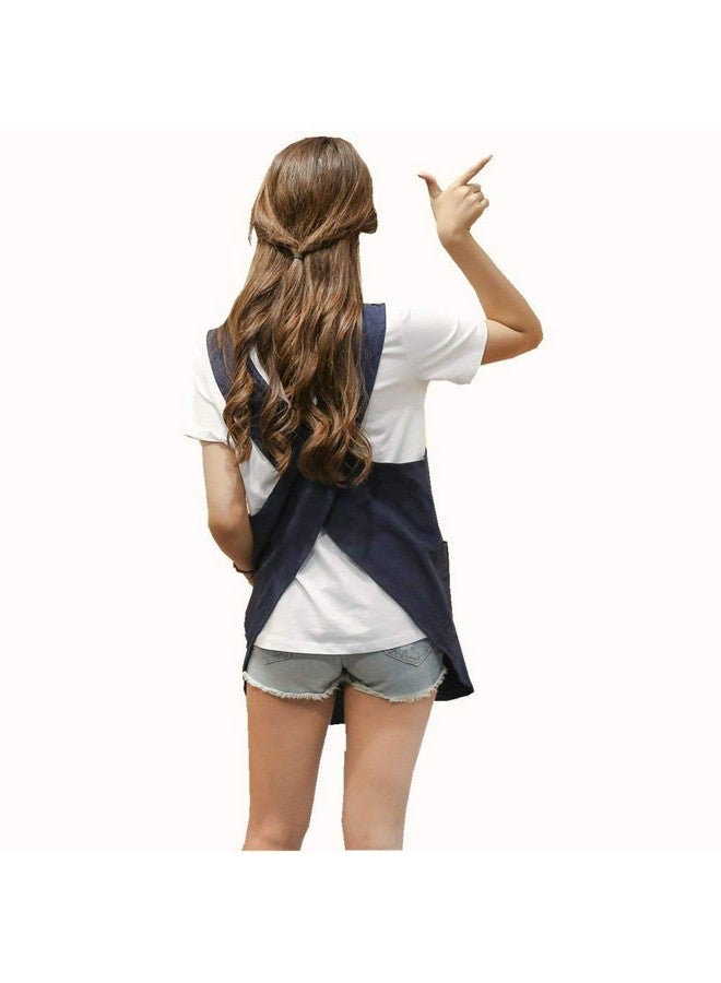 KKTOCHVC Shortened Design Apron, Japanese Style Soft Cotton Linen Apron with Two Side Pockets, X Cross Halter Apron, Kitchen Cooking Clothes Present for Women DIY Project, Crafting, Cooking, Baking(Navy Blue) - Image 1