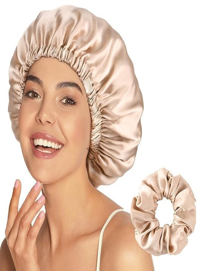 Craftelio Luxury Satin Silk Hair Bonnet for Sleeping with Satin Scrunchie | For Women & Girls | Curly, Straight & All Hair Types - (Beige) - Image 2
