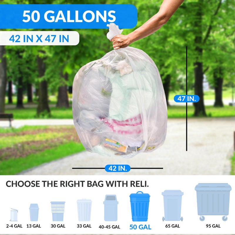 Reli. Premium 50 Gallon Trash Bags | 200 Count | Made in USA | Heavy Duty | Bulk | SuperValue | Clear Multi-Use Garbage Bags - Image 2