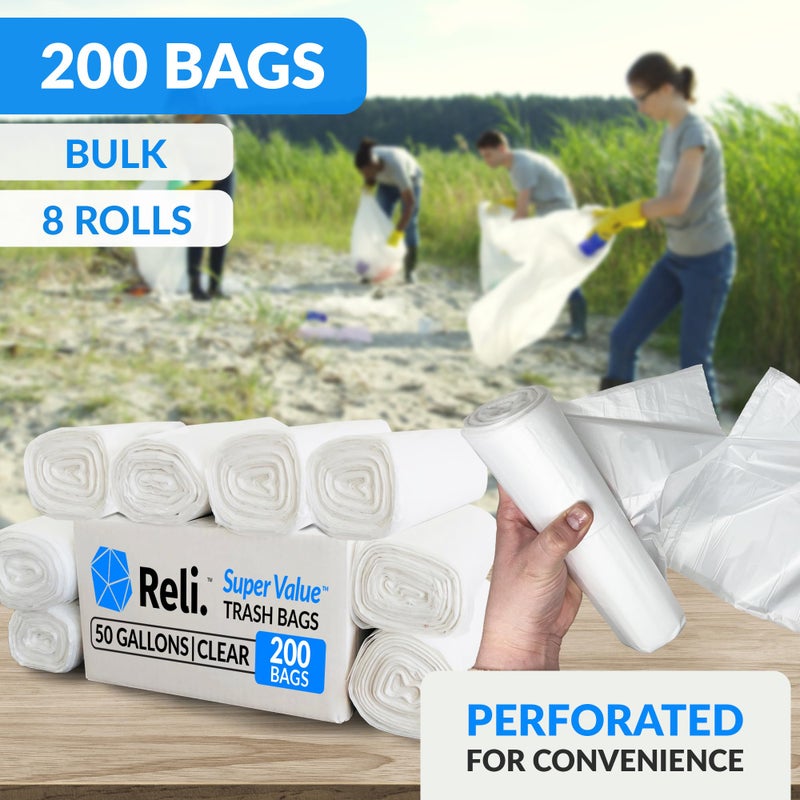 Reli. Premium 50 Gallon Trash Bags | 200 Count | Made in USA | Heavy Duty | Bulk | SuperValue | Clear Multi-Use Garbage Bags - Image 3