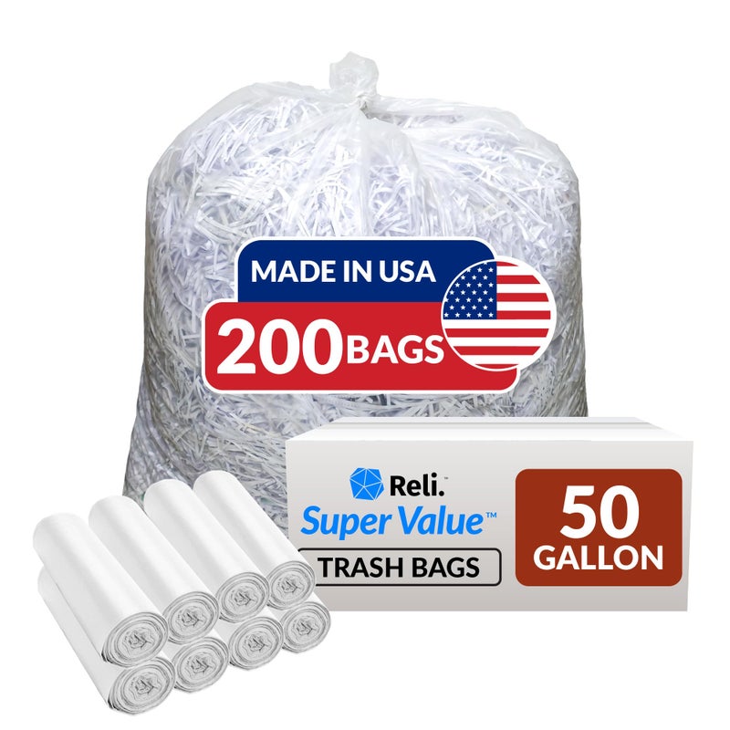 Reli. Premium 50 Gallon Trash Bags | 200 Count | Made in USA | Heavy Duty | Bulk | SuperValue | Clear Multi-Use Garbage Bags - Image 1