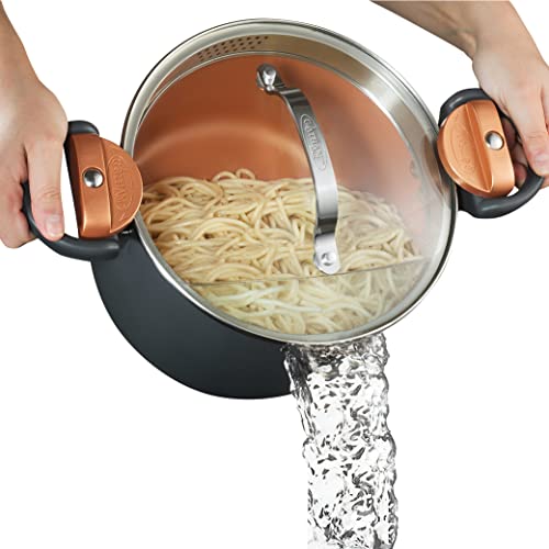 GOTHAM STEEL 5 Qt Ceramic Stock Pot Multipurpose Pasta Pot with Strainer Lid Twist and Lock Handles Nonstick Ceramic for Soup Spaghetti Rice Pots for Kitchen Dishwasher Safe Copper