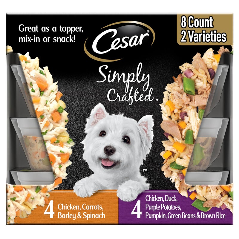 Cesar Simply Crafted Adult Wet Dog Food Meal Topper, Chicken, Duck, Purple Potatoes, Pumpkin, Green Beans & Brown Rice and Chicken, Carrots, Barley & Spinach Multipack, 1.3oz (8 Count, Pack of 1) - Image 1