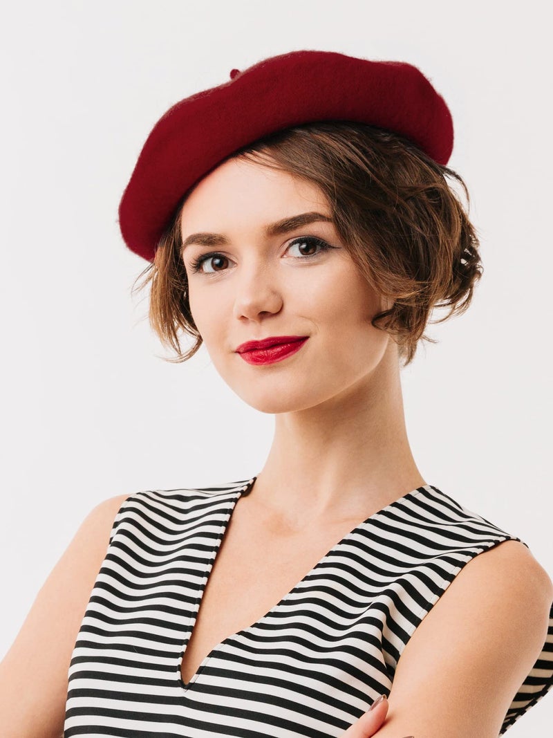 Hestya 3 Pieces Beret Hat French Style Beanie Cap Solid Color Winter Hat for Women and Girls Casual Use (Navy, White, Burgundy) - Image 2