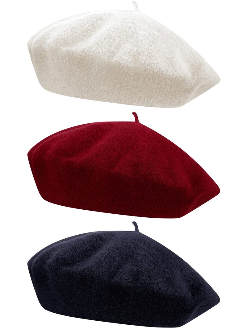 Hestya 3 Pieces Beret Hat French Style Beanie Cap Solid Color Winter Hat for Women and Girls Casual Use (Navy, White, Burgundy) - Image 1